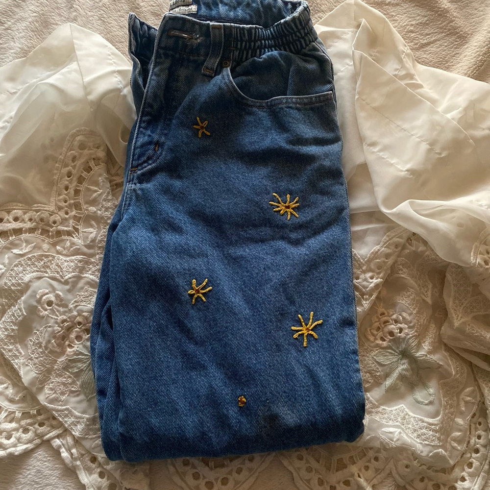 L.L. Bean High Rise Blue Jeans with Yellow Embroidery, flannel lined